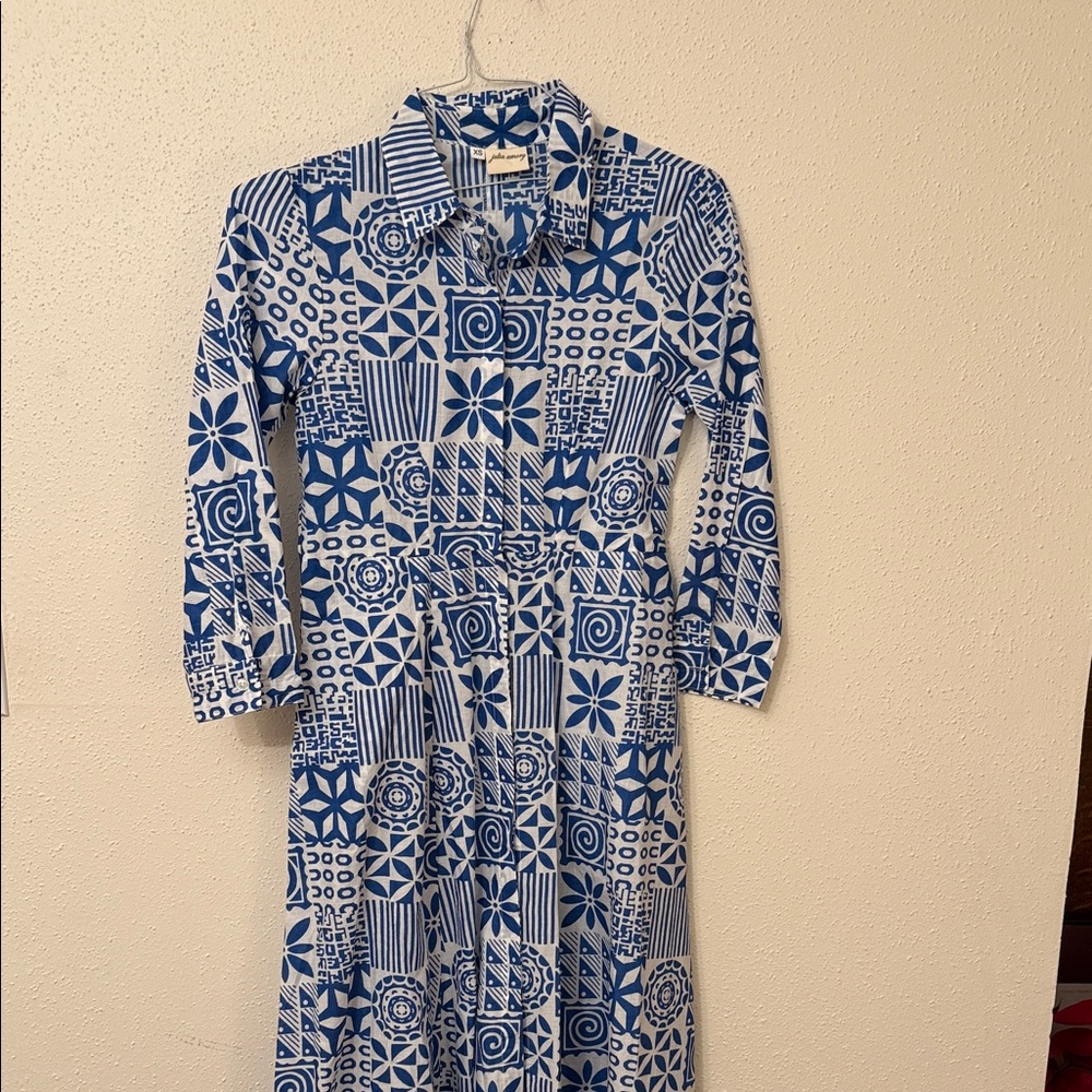 Julia Amory Elegant Blue Patterned Long Sleeve Dress